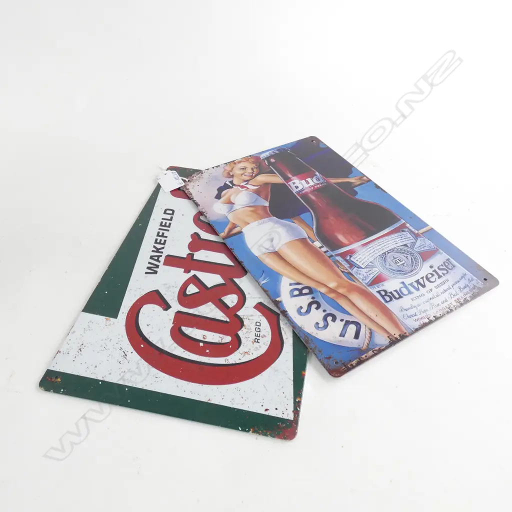 2 REPRODUCTION TIN SIGNS BUDWEISER & CASTROL 200 X 300mm Image 1++