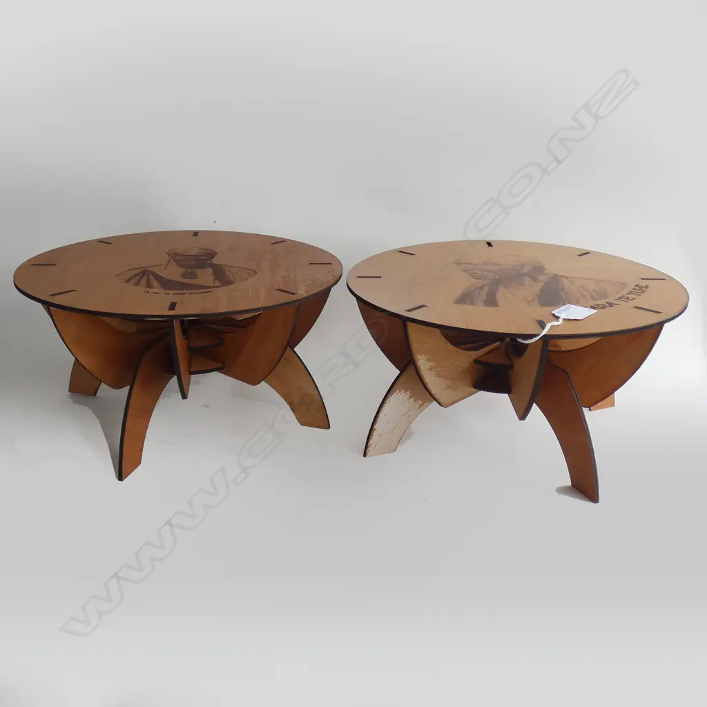 2 WOODEN MAORI ENGRAVED SMALL TABLES. ( 150mm _ 285mm) Image 1++