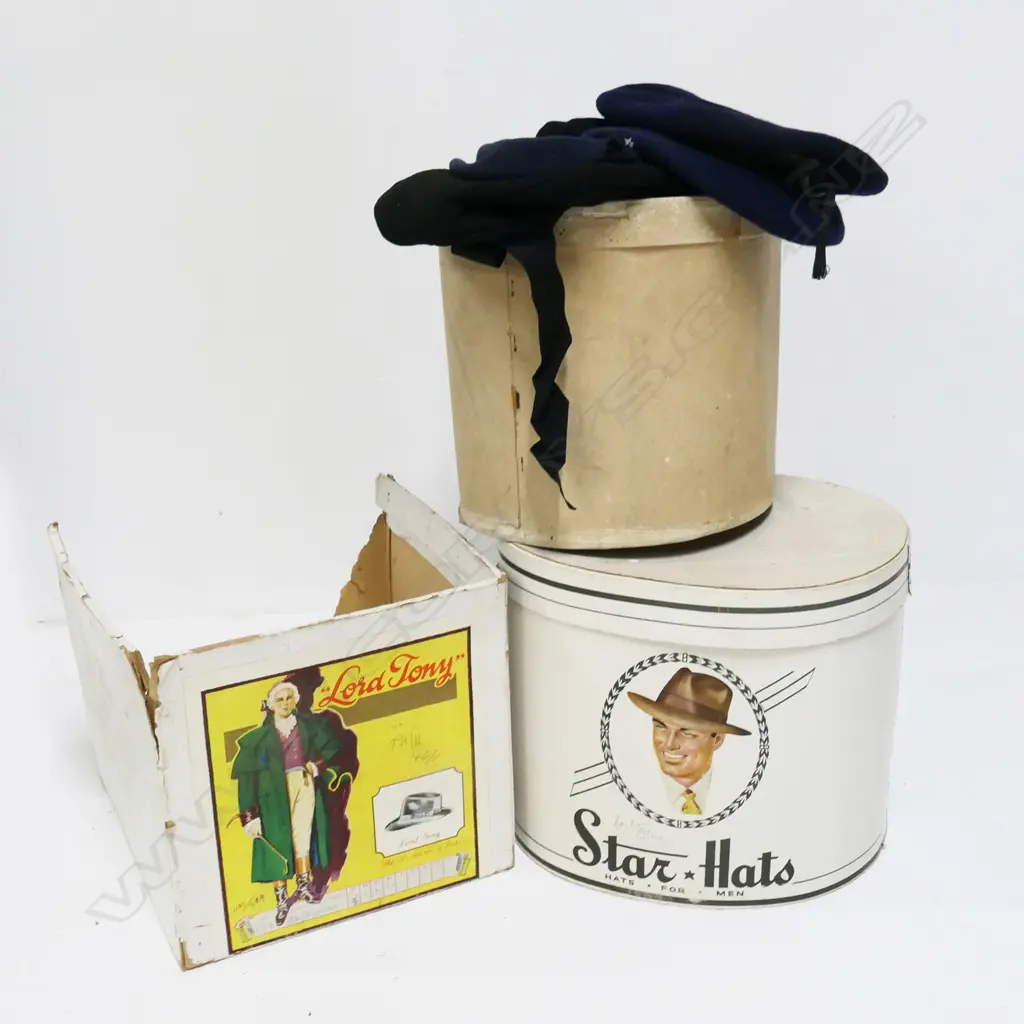 3 VINTAGE HAT BOXES; INCL: 'STAR HATS', 'LORD TOY' BOX (DAMAGED) PLUS 5 WOOLEN NZ SAILOR HATS Image 1++