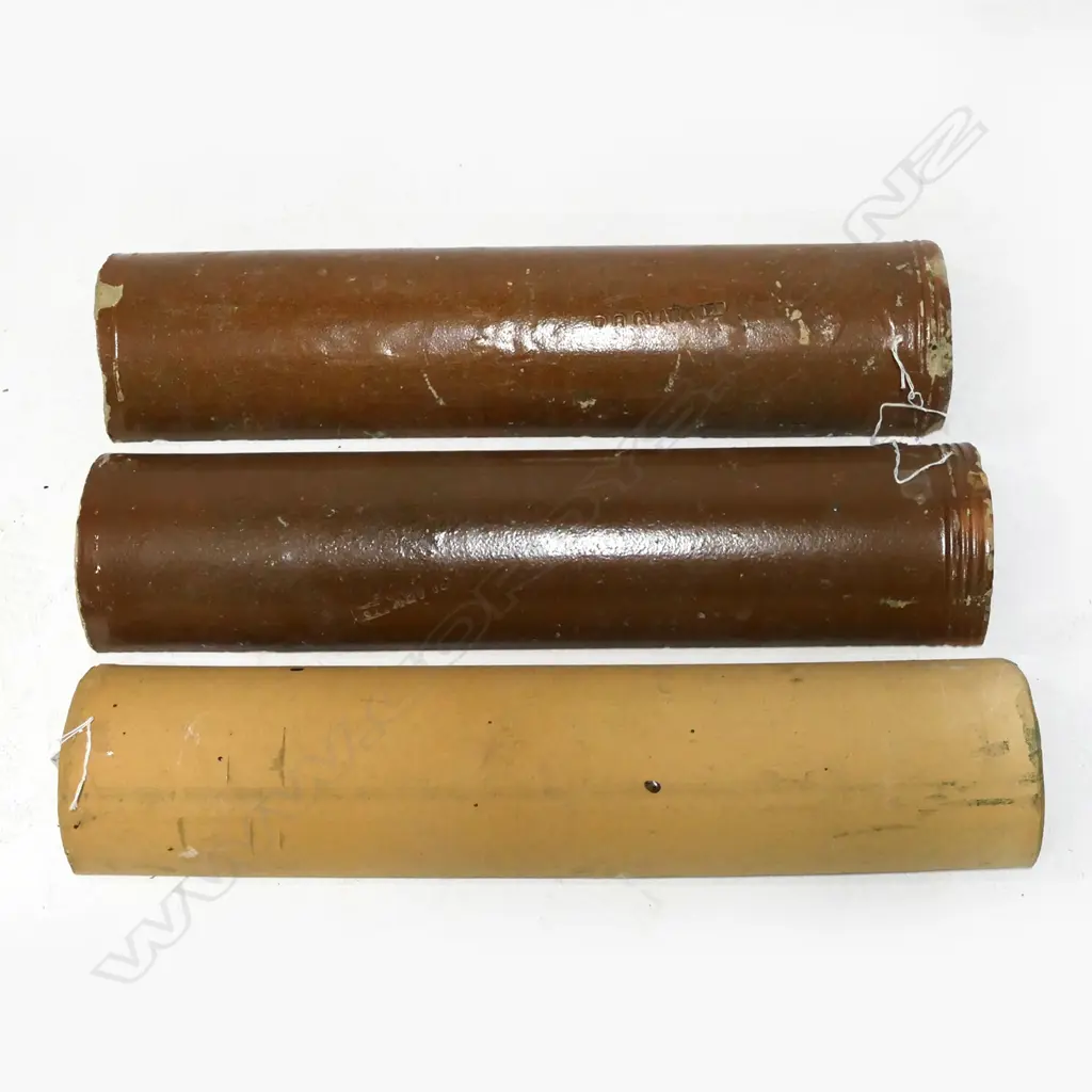 THREE NZ COLONIAL HALF PIPES, 2 'RC CLARK LTD' GLAZED, 1 UNGLAZED , LONGEST. 620MM Image 1++