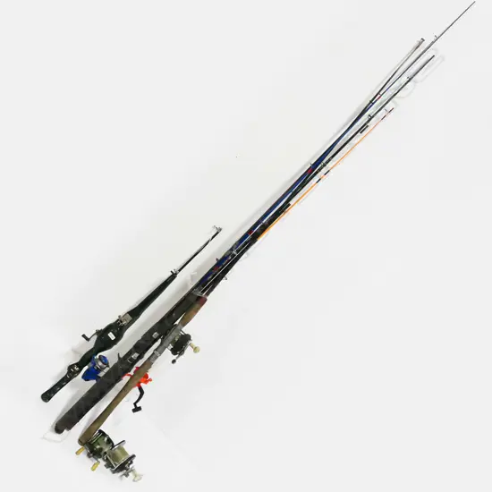 ASSORTED FISHING RODS, FLYING LURE & REELS