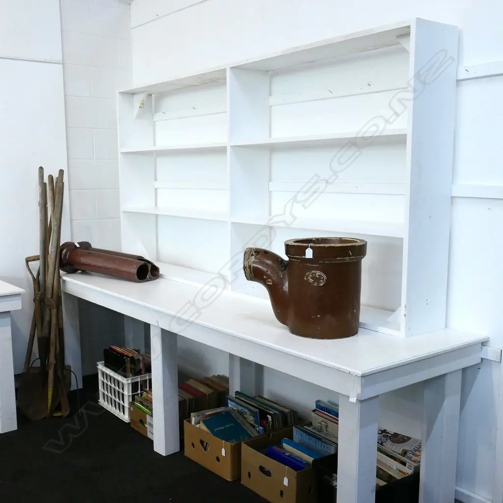 QUALITY WHITE PAINTED WOODEN DISPLAY TABLE & SHELVES, 2740 X 715 X 800MM Image 1++