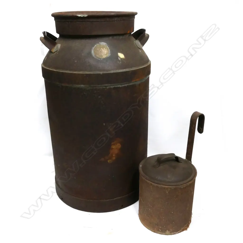 VINTAGE A HARVEY & SONS, AUCKLAND CAST IRON MILK URN & LIDDED SCOOP, H. 640MM Image 1++