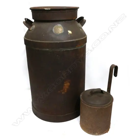 VINTAGE A HARVEY & SONS, AUCKLAND CAST IRON MILK URN & LIDDED SCOOP, H. 640MM