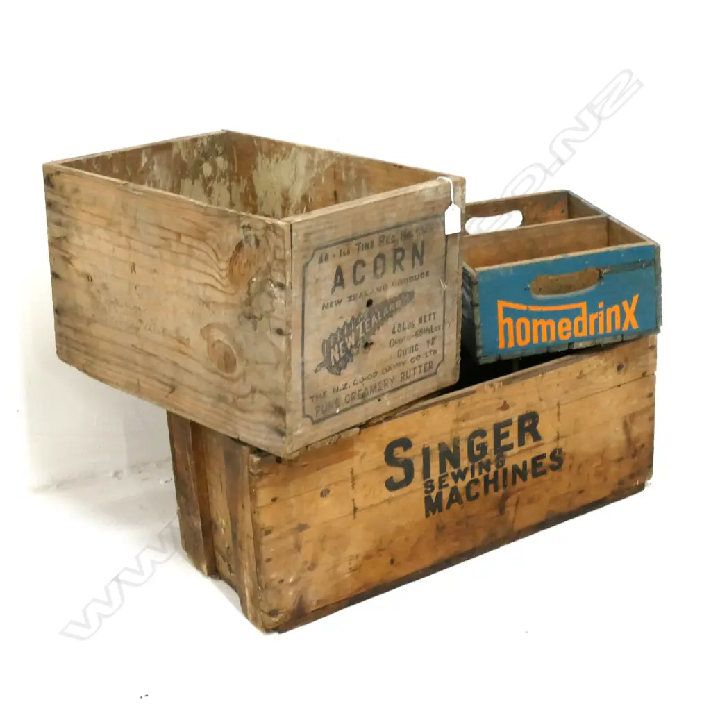2 VINTAGE WOODEN CRATES, HOMEDRINX, SINGER, ACORN, LARGEST: 680 X 250MM Image 1++
