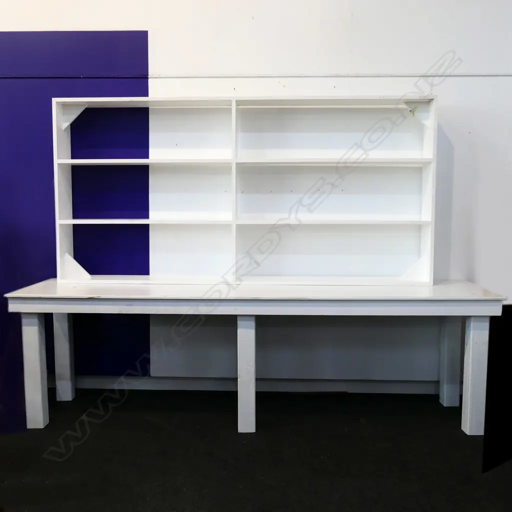 QUALITY WHITE PAINTED WOODEN DISPLAY TABLE & SHELVING, 2740 X 715 X 800MM Image 1++