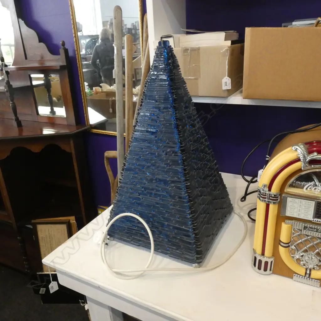 VINTAGE BLUE GLASS PYRAMID LAMP H.560mm Image 1++