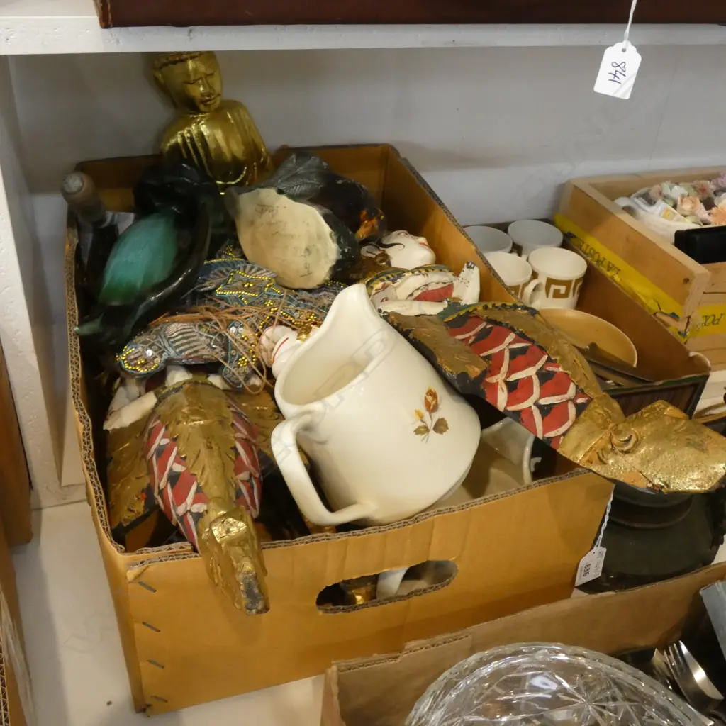 BOX LOT ASST; THAI ITEMS, KIWI VASE, JUGS ETC Image 1++