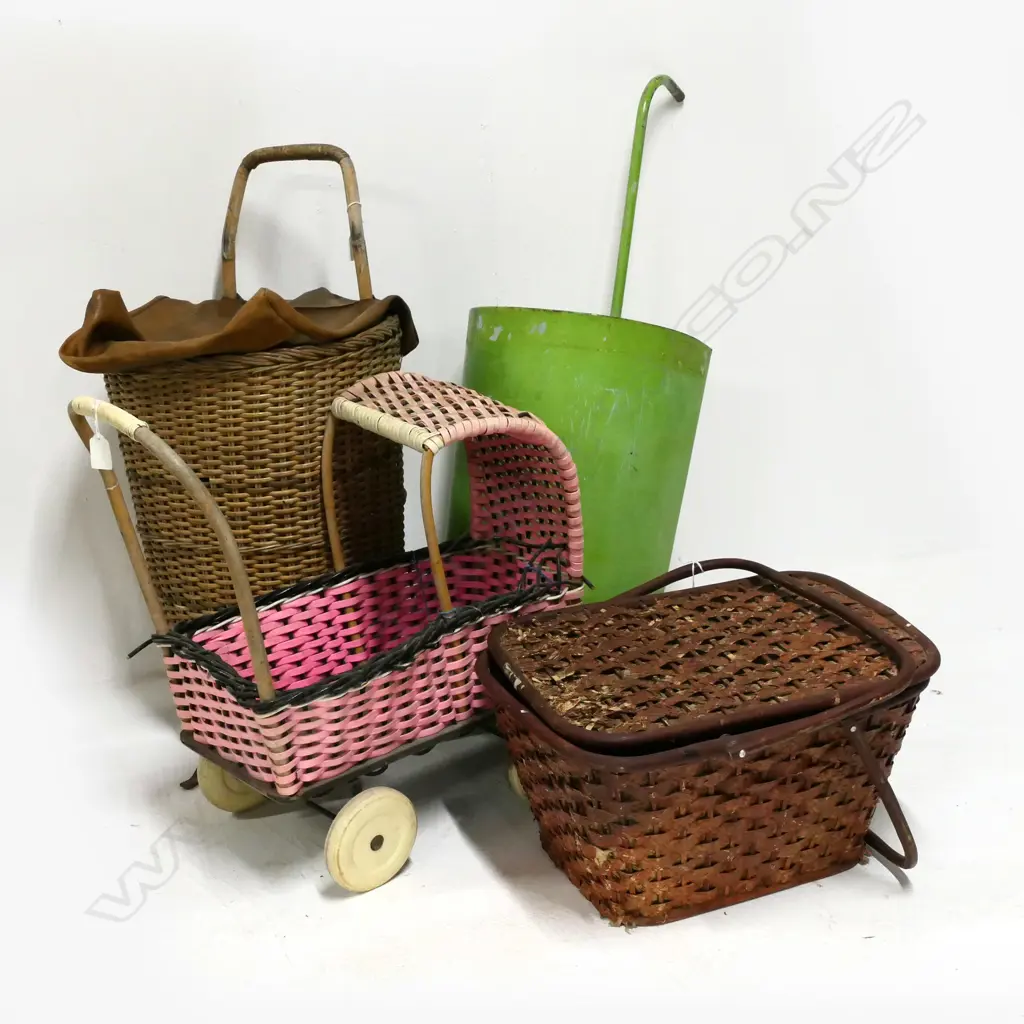 2 VINTAGE SHOPPING TRUNDLERS, CANE DOLL'S PRAM & WICKER BASKET Image 1++