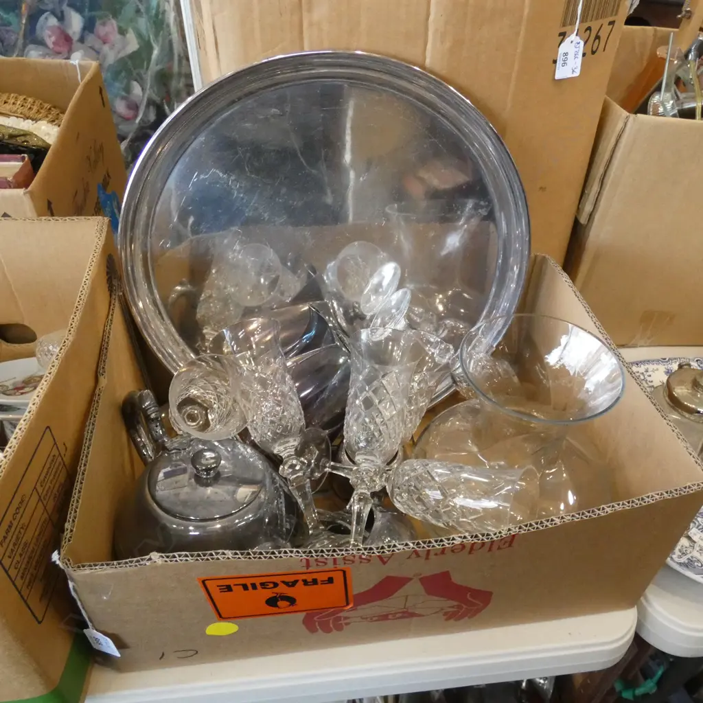 BOX LOT EP TEA SET, 6 CRYSTAL FLUTES, EP TRAY, VASE Image 1++