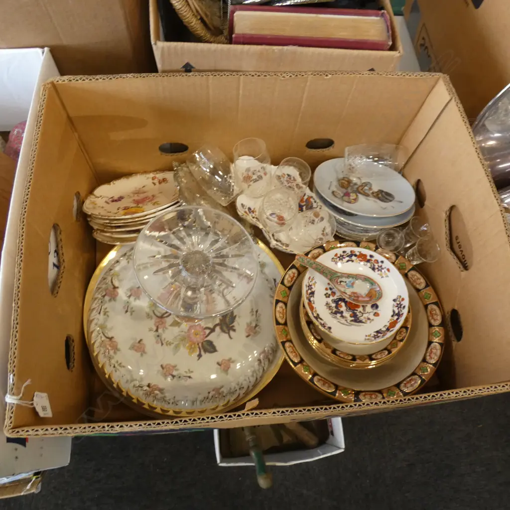 BOX ASST CHINA  & GLASS ETC. INCL BROWNIE DOWNING PLATES ETC. Image 1++