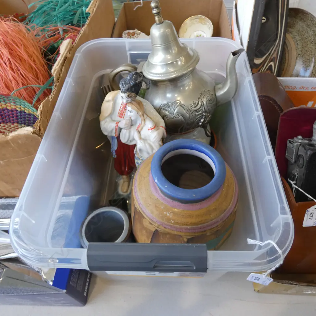 BOX LOT STUDIO POTTERY, EP TEAPOT, FIGURINE, GREEN STONE ETC Image 1++