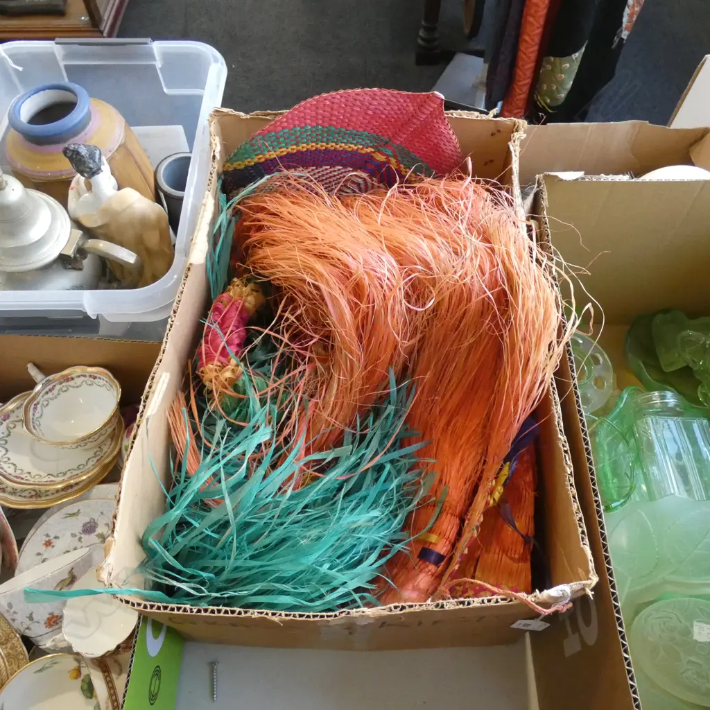BOX ASST ISLAND TRIBAL CLOTHES; GRASS SKIRTS / FANS / BEADS ETC.. Image 1++