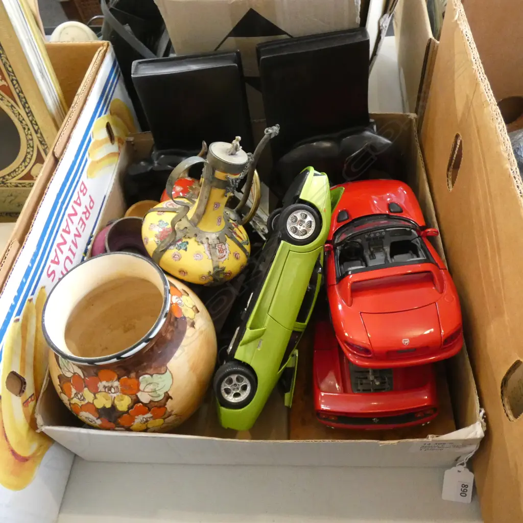 BOX LOT 3 ORIENTAL POTS, PR EBONISED ELEPHANT BOOKENDS, CARS ETC Image 1++