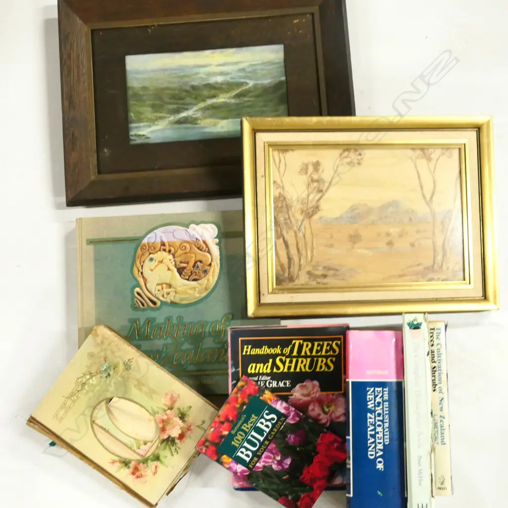 BOX ASST BOOKS PLUS 2 ANTIQUE FRAMED PRINTS Image 1++