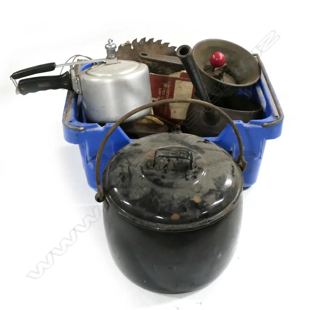 BOX OF CAST IRON POTS, SAW BLADES ETC Image 1++