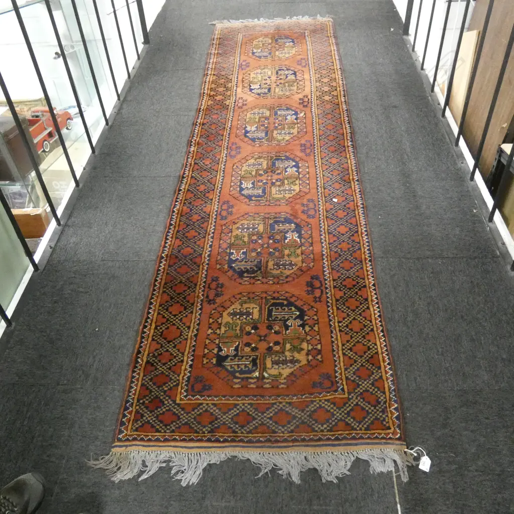 AFGHAN HAND KNOTTED RUNNER RUG 2800 x 800mm ALL WOOL OCTAGONAL GULS Image 1++