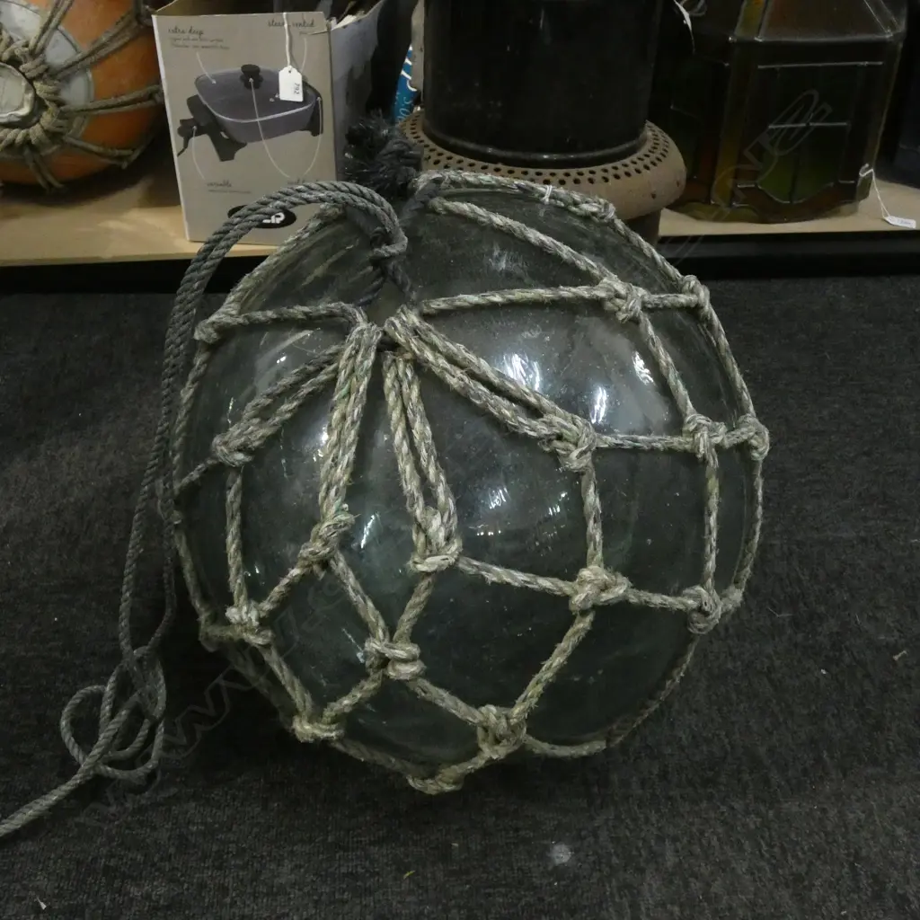 OLD HAND BLOWN GREEN GLASS FISHING FLOAT w. NETTING Dia.370mm Image 1++