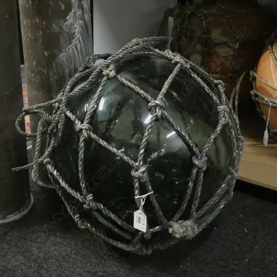 OLD HAND BLOWN GREEN GLASS FISHING FLOAT w. NETTING Dia.380mm
