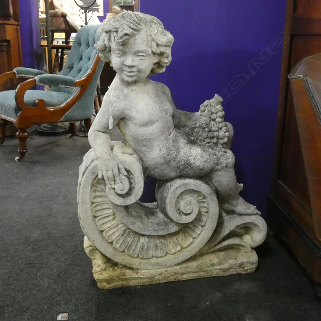 CONCRETE BOY w. GRAPES GARDEN ORNAMENT H.900mm Image 1++