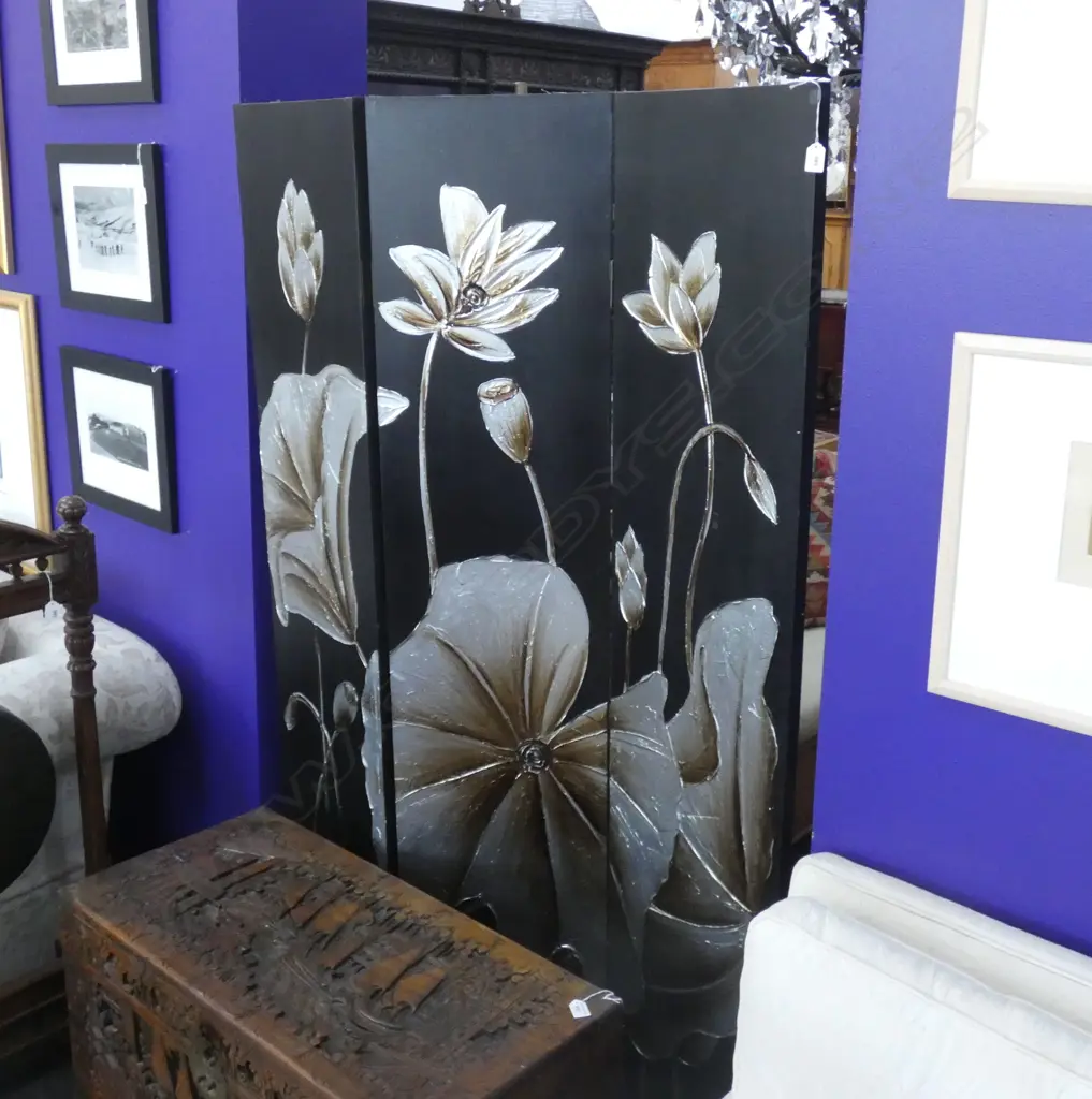 2x 3 PANEL SCREENS; OCEAN PIER PHOTO, LOTUS FLOWERS ON BLACK 1800x400  Image 1++