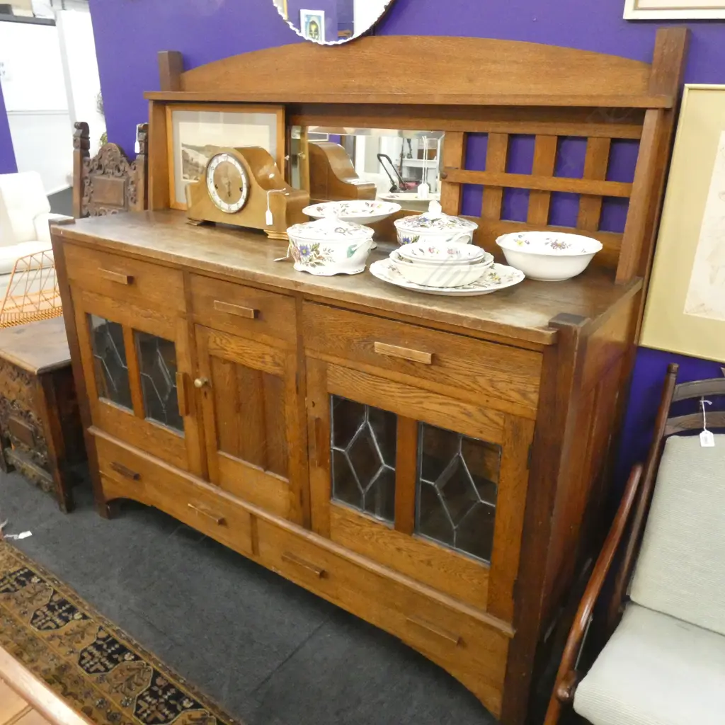 OAK ARTS AND CRAFTS LEADLIGHT SIDEBOARD L 1520 MM SOME MARKS AND FADING glass a/f Image 1++