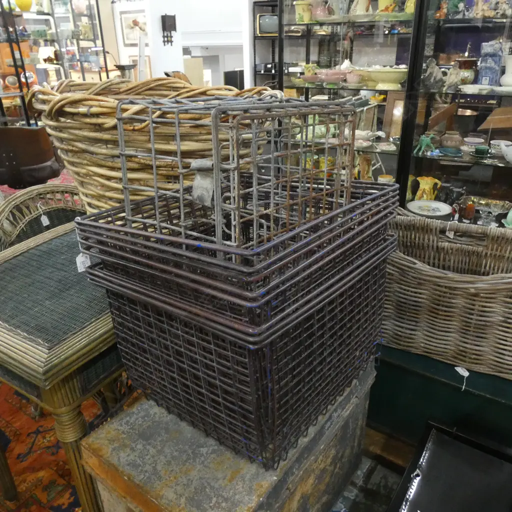 8 INDUSTRIAL WIRE METAL BASKETS + VINTAGE METAL MILK CRATE Image 1++