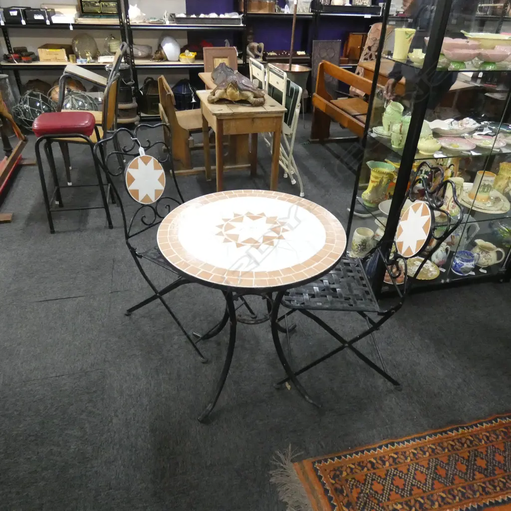 3 PCE METAL PATIO SET; MOSAIC TABLE & 2 CHAIRS Image 1++