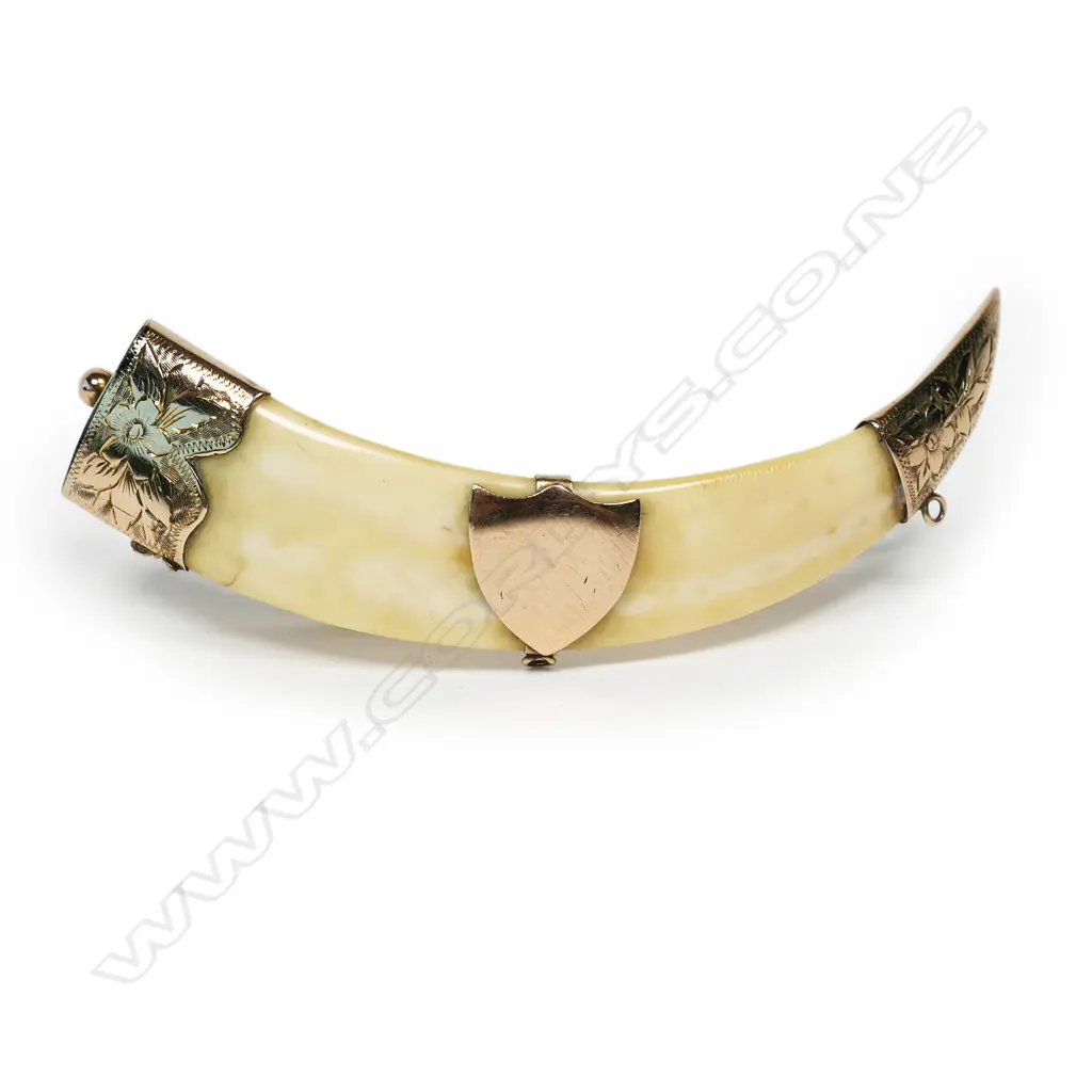9CT ANTIQUE NZ BOAR TUSK BROOCH, L.75mm Image 1++