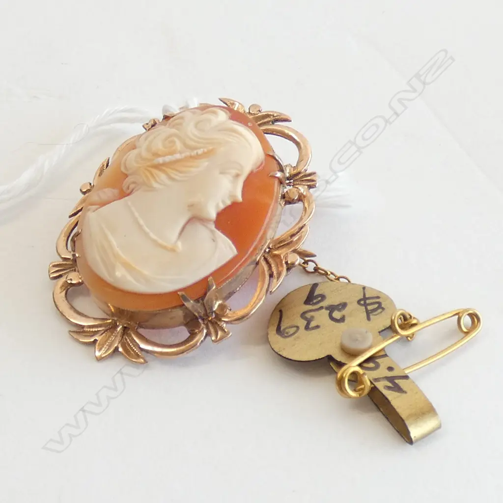 9CT GOLD FRAMED MAIDEN PROFILE CARVED SMALL CAMEO BROOCH Image 1++