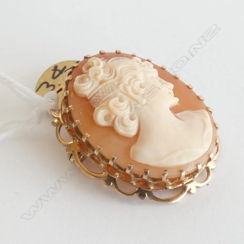 9CT GOLD FRAMED MAIDEN PROFILE CARVED SMALL CAMEO BROOCH Image 1++