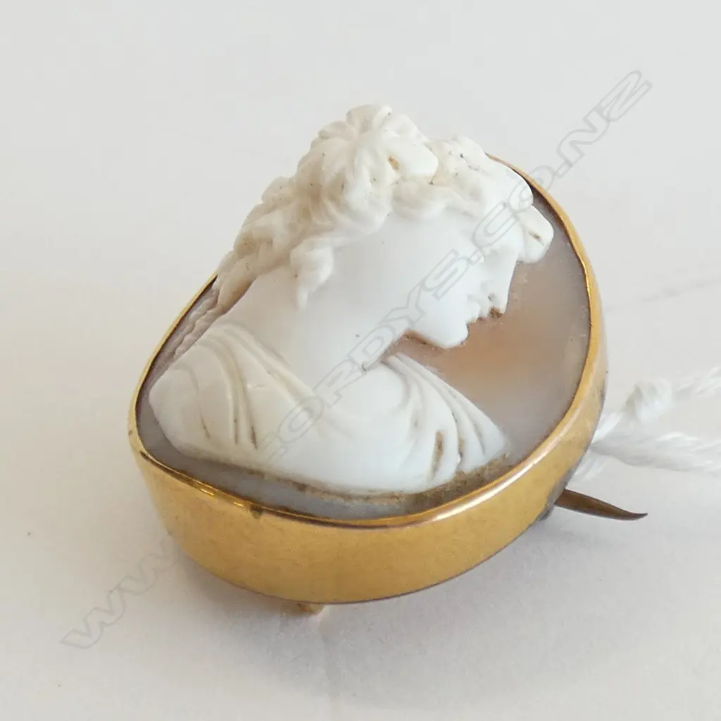 9CT GOLD FRAMED MAIDEN PROFILE CARVED SMALL CAMEO BROOCH Image 1++