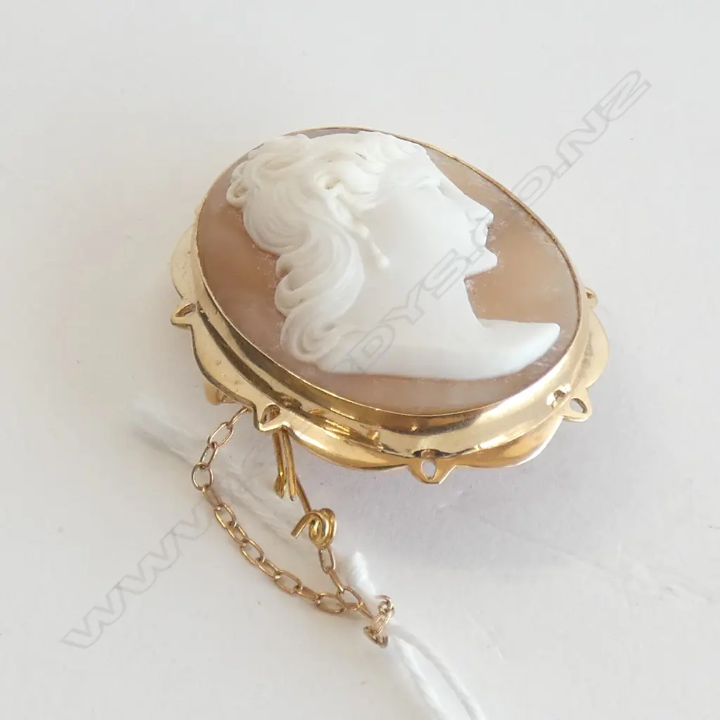 9CT GOLD FRAMED MAIDEN PROFILE CARVED CAMEO BROOCH Image 1++
