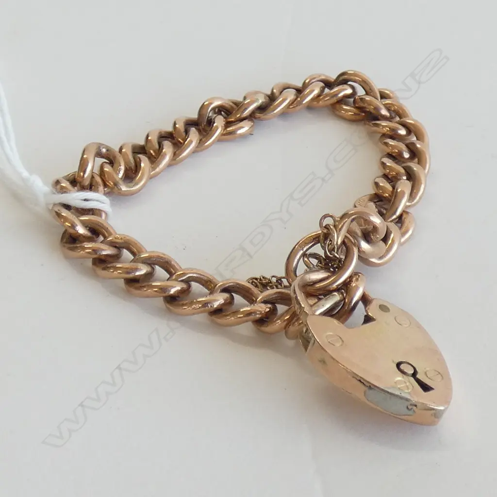 9CT HOLLOW CURB LINK BRACELET HEART LOCK (REPAIRED) 10.5 GRAMS Image 1++
