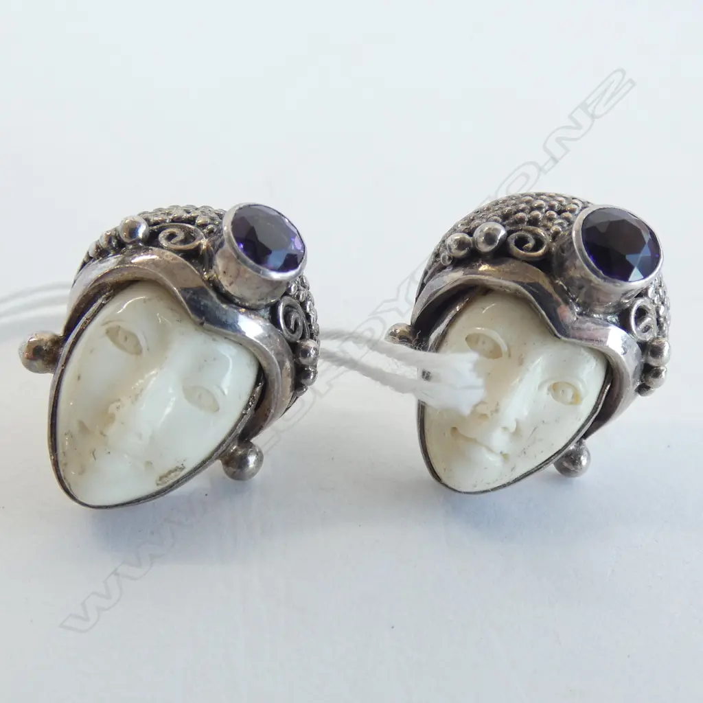 PAIR SILVER AMETHYST AND BONE ART DECO STYLE EARRINGS Image 1++