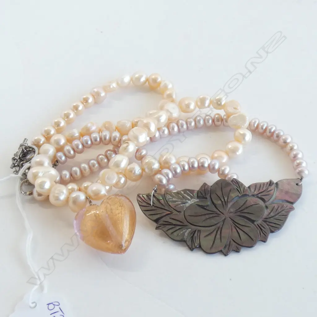 TWO PEARL NECKLACES - ONE WITH GLASS HEART ONE WITH M.O.P. FLOWER Image 1++