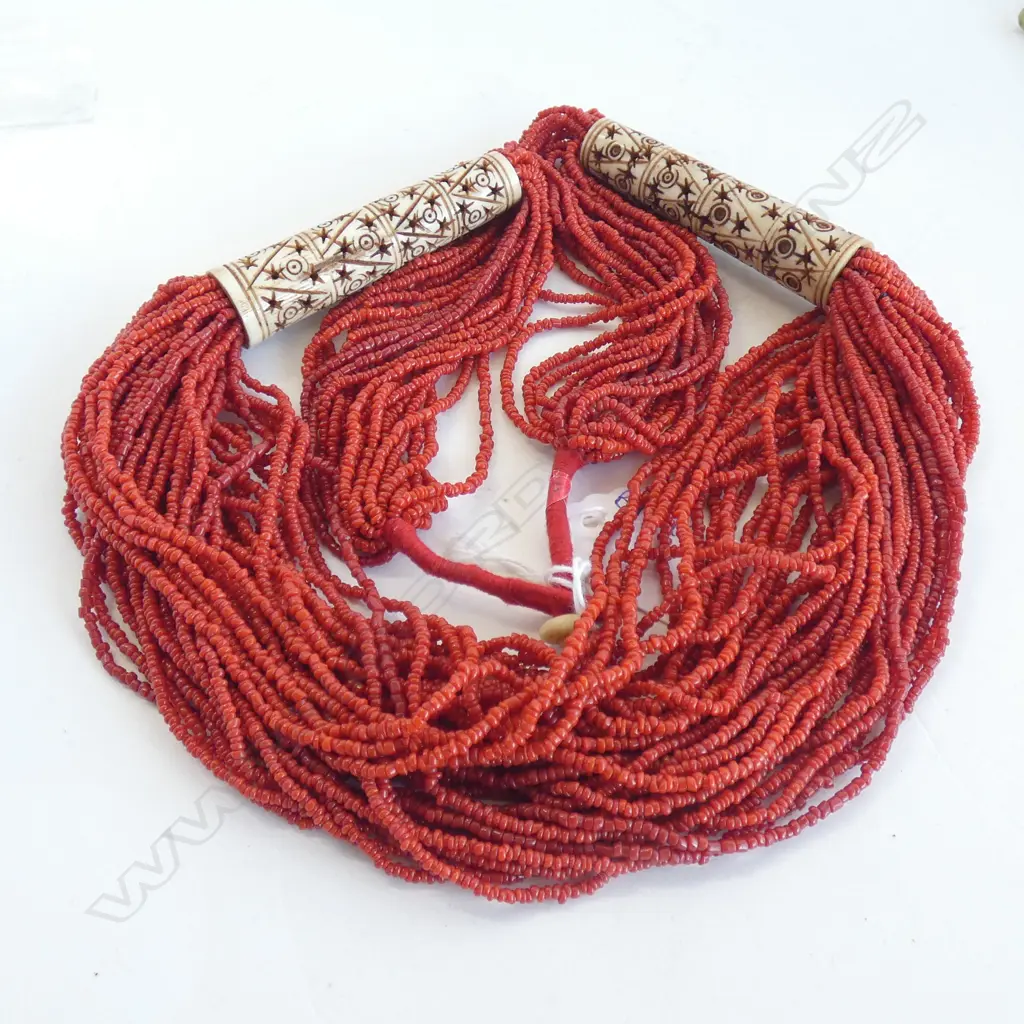 RED CORAL BEAD AND BONE MULTI-STRAND NECKLACE Image 1++