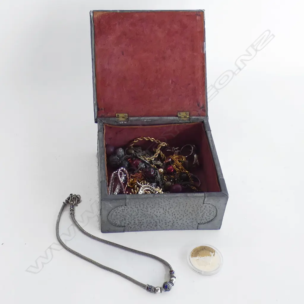 PEWTER JEWELLERY BOX (AF)  INCLUDES SILVER/ ENAMEL CHAIN ETC Image 1++