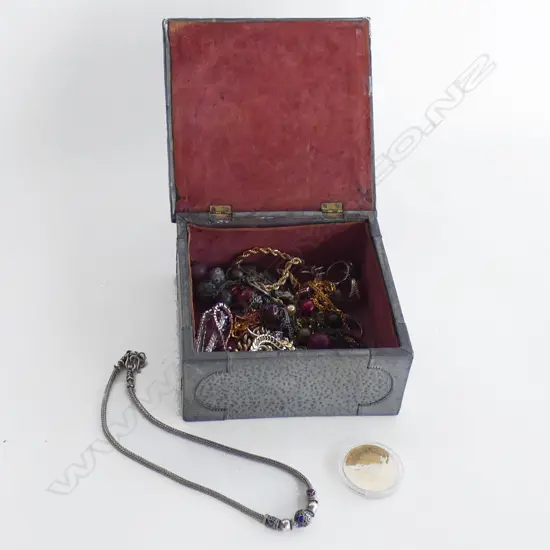 PEWTER JEWELLERY BOX (AF)  INCLUDES SILVER/ ENAMEL CHAIN ETC