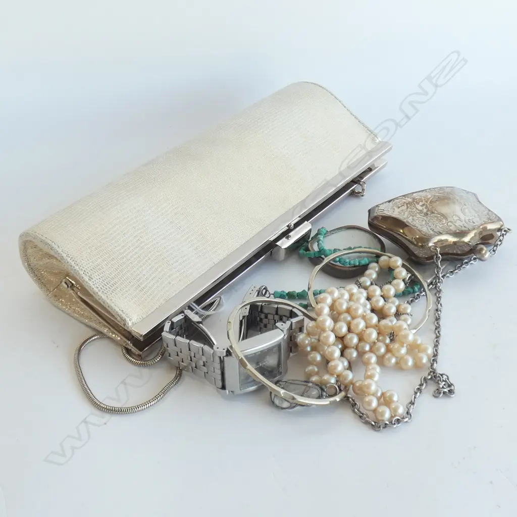 CLUTCH HAND BAG w. EP COIN PURSE, FAUX PEARLS, PR BANGLES, COSTUME ETC Image 1++