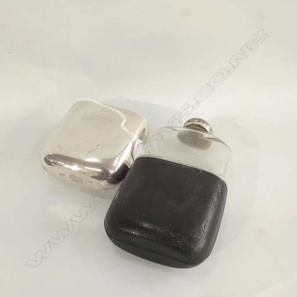 SILVER PLATE HIP FLASK, LEATHER & GLASS - JAMES DIXON SHEFFIELD L 165MM Image 1++