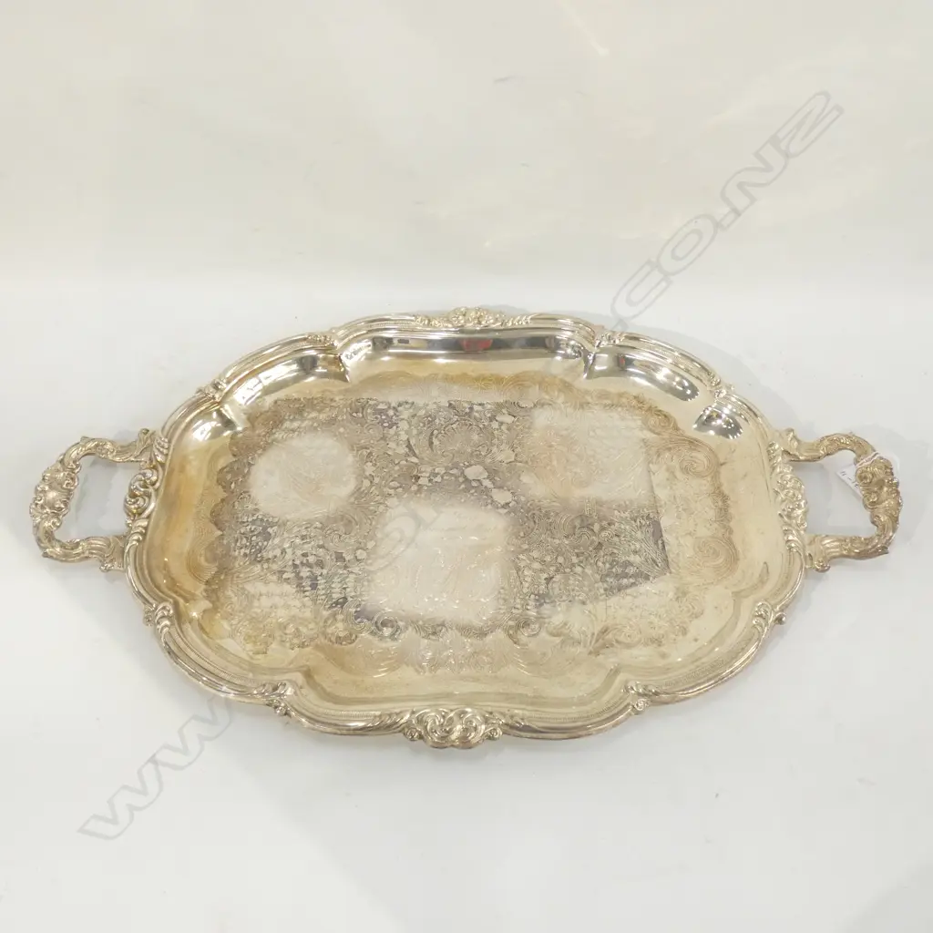 ORNATE SHERWOOD SILVER PLATE TRAY W HANDLES - INSCRIPTION TO CENTRE 5556 X 340MM Image 1++