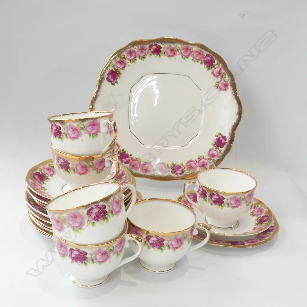 VINTAGE SALISBURY CHINA GILDED RIMMED ROSE PATTERN TEA SET; 6 TRIOS & CAKE PLATE Image 1++