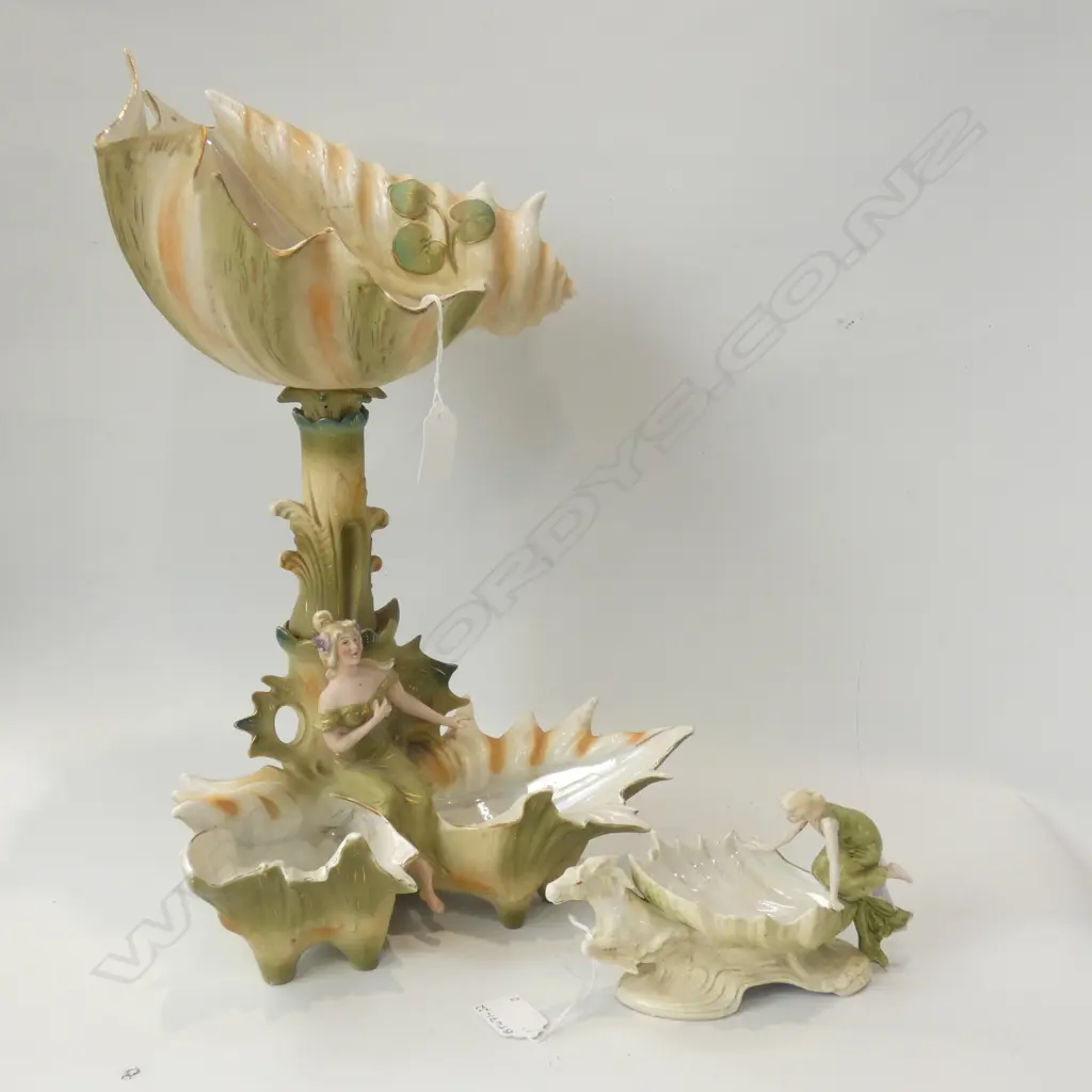 ANTIQUE 2 PC BISQUE PORCELAIN SHELL PONDS WITH LADY H410MM + SM LADY WITH HORSE L  180MM Image 1++