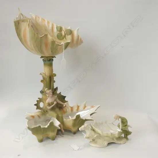 ANTIQUE 2 PC BISQUE PORCELAIN SHELL PONDS WITH LADY H410MM + SM LADY WITH HORSE L  180MM
