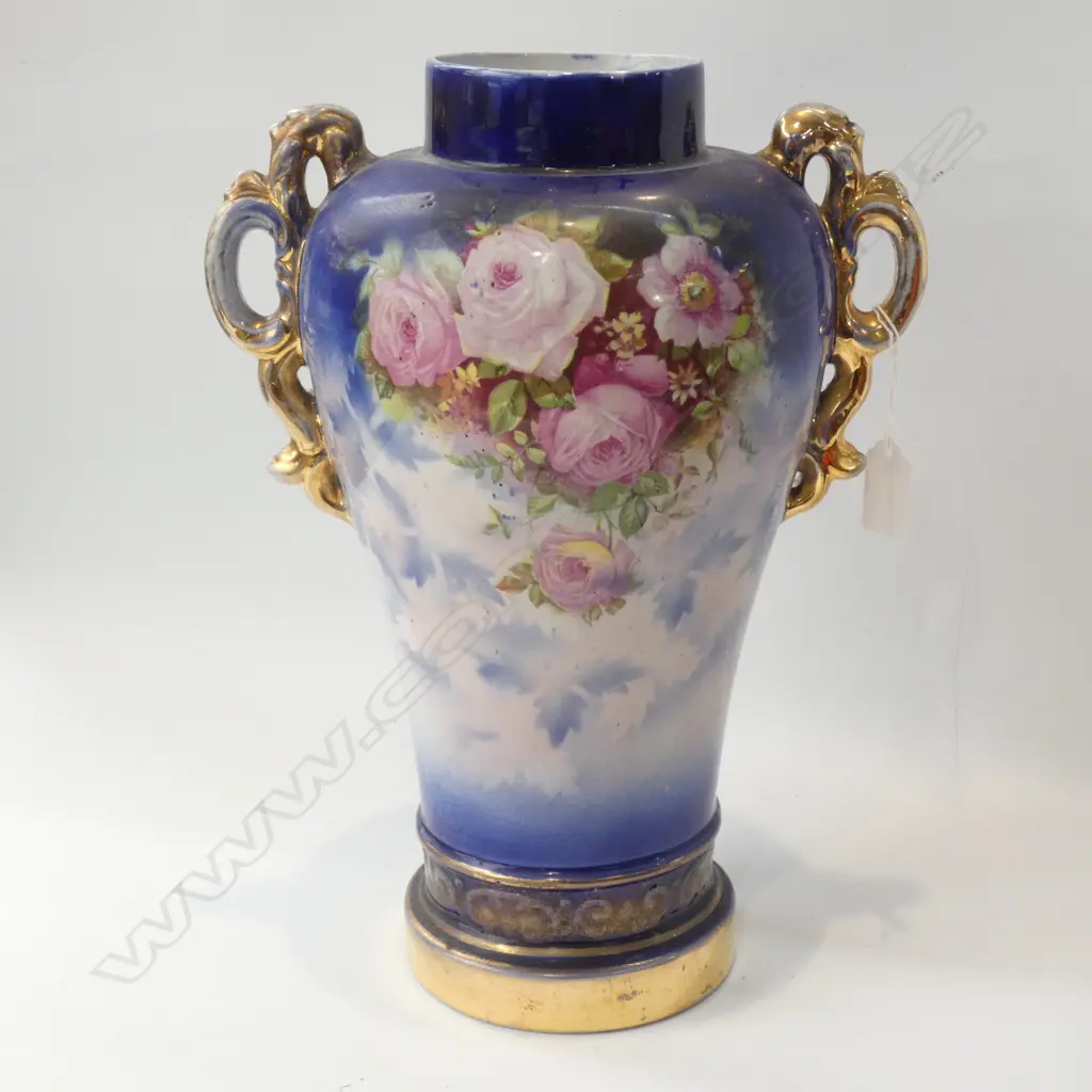 LG OLD HAND PAINTED BLUE &  ROSE VASE WITH GILDED BASE HANDLES (WEAR TO HANDLES ) H. 355MM Image 1++