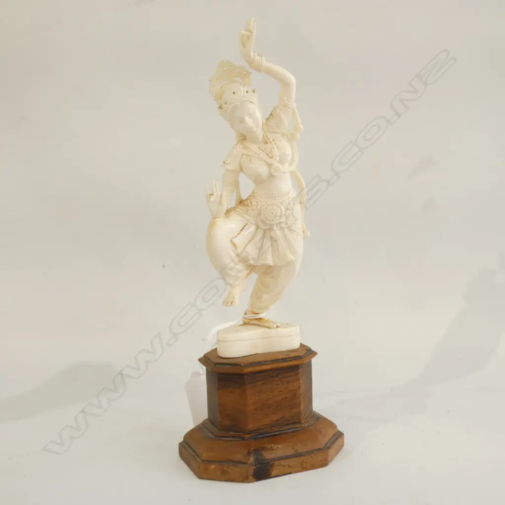 CARVED IVORY DANCER ON WOODEN BASE (REPAIR TO FOOT) H 200MM Image 1++