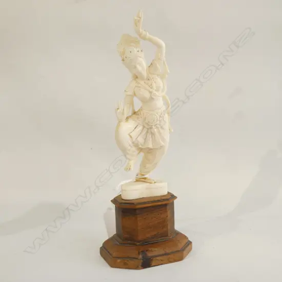 CARVED IVORY DANCER ON WOODEN BASE (REPAIR TO FOOT) H 200MM