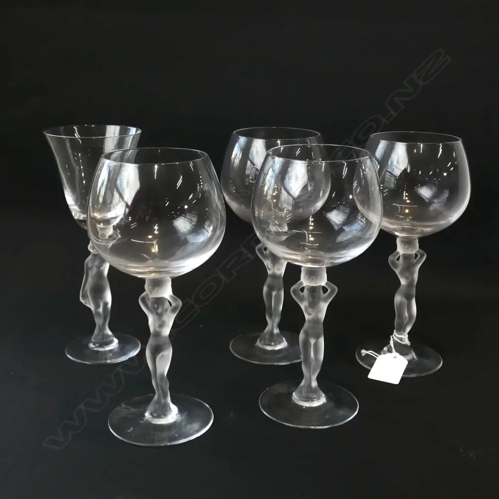 5 ASST SIZE FRENCH WINE GLASSES WITH NAKED LADY STEMS  H185MMM Image 1++