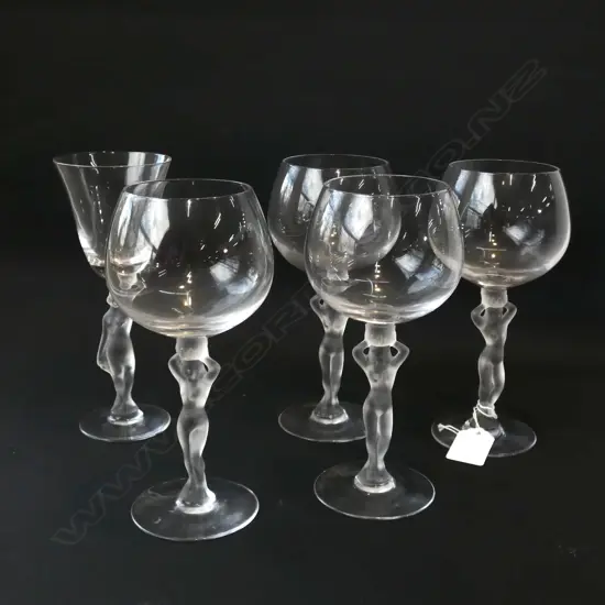 5 ASST SIZE FRENCH WINE GLASSES WITH NAKED LADY STEMS  H185MMM